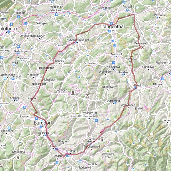 Mapa miniatúra "Pokladnice kopcov" cyklistická inšpirácia v Espace Mittelland, Switzerland. Vygenerované cyklistickým plánovačom trás Tarmacs.app