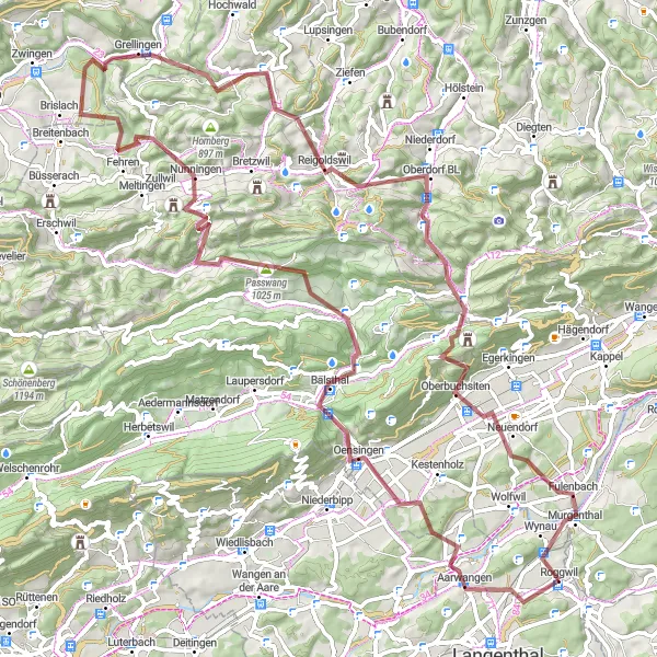 Miniatua del mapa de inspiración ciclista "Ruta de grava por Hard y Passwang" en Espace Mittelland, Switzerland. Generado por Tarmacs.app planificador de rutas ciclistas
