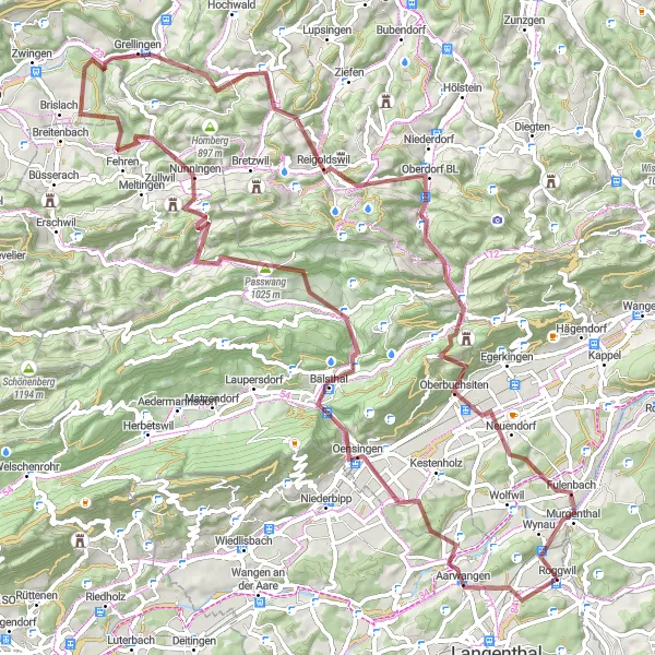 Miniature de la carte de l'inspiration cycliste "Boucle des Montagnes du Jura" dans la Espace Mittelland, Switzerland. Générée par le planificateur d'itinéraire cycliste Tarmacs.app