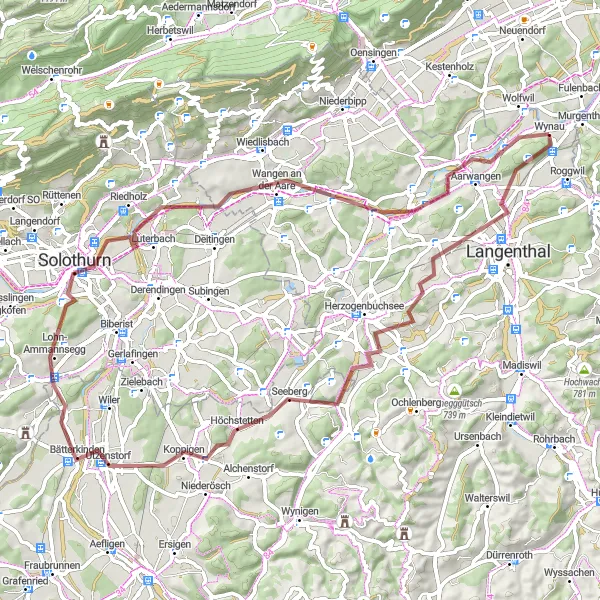 Miniatura della mappa di ispirazione al ciclismo "Percorso ciclabile da Roggwil a Roggwil attraverso Thörigen, Chline Fängleberg, Utzenstorf, Altisberg, Solothurn e Bannwil" nella regione di Espace Mittelland, Switzerland. Generata da Tarmacs.app, pianificatore di rotte ciclistiche