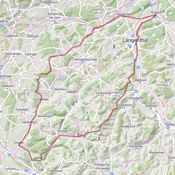 Miniatura della mappa di ispirazione al ciclismo "Avventura tra i sentieri di campagna" nella regione di Espace Mittelland, Switzerland. Generata da Tarmacs.app, pianificatore di rotte ciclistiche