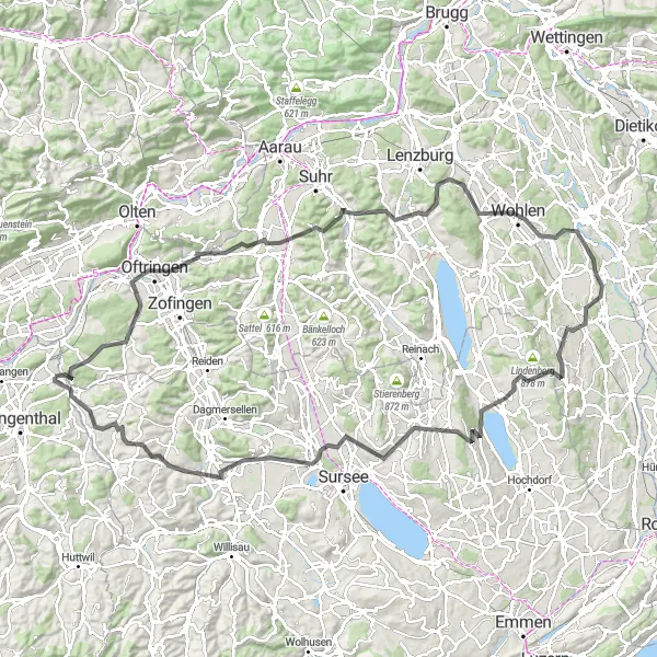 Miniatura della mappa di ispirazione al ciclismo "Tour delle colline di Espace Mittelland" nella regione di Espace Mittelland, Switzerland. Generata da Tarmacs.app, pianificatore di rotte ciclistiche