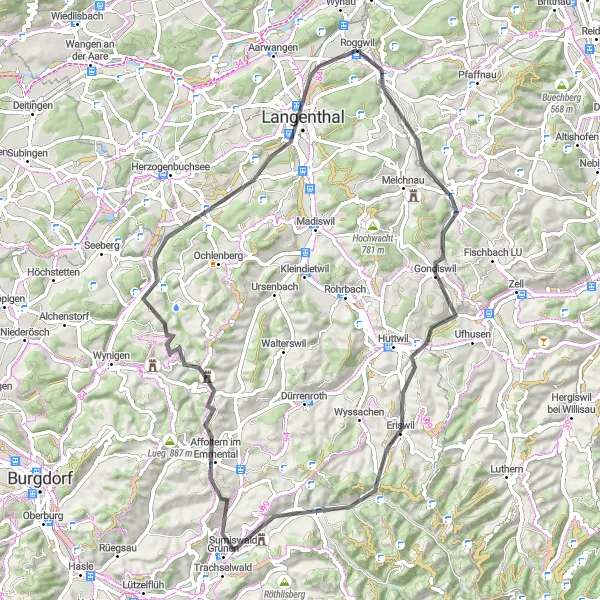 Miniatura della mappa di ispirazione al ciclismo "Giro in bicicletta da Roggwil a Roggwil tramite Isehuet, Gondiswil, Bisig, Eriswil, Sumiswald, Humberg e Thörigen" nella regione di Espace Mittelland, Switzerland. Generata da Tarmacs.app, pianificatore di rotte ciclistiche