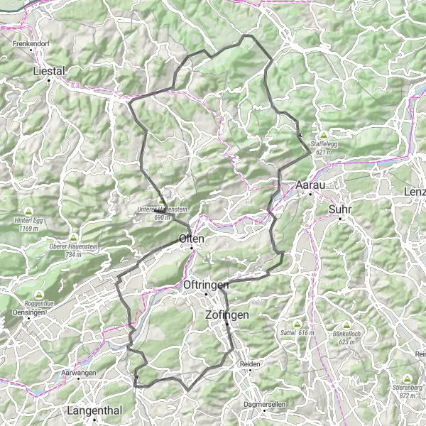 Miniature de la carte de l'inspiration cycliste "Route aventureuse de Hägendorf à Pfaffnau" dans la Espace Mittelland, Switzerland. Générée par le planificateur d'itinéraire cycliste Tarmacs.app