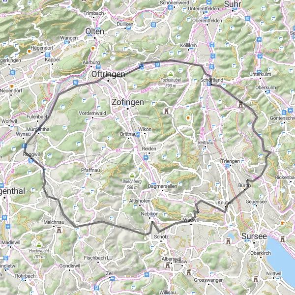 Miniature de la carte de l'inspiration cycliste "Crépusculaire Oftringen à Isehuet" dans la Espace Mittelland, Switzerland. Générée par le planificateur d'itinéraire cycliste Tarmacs.app