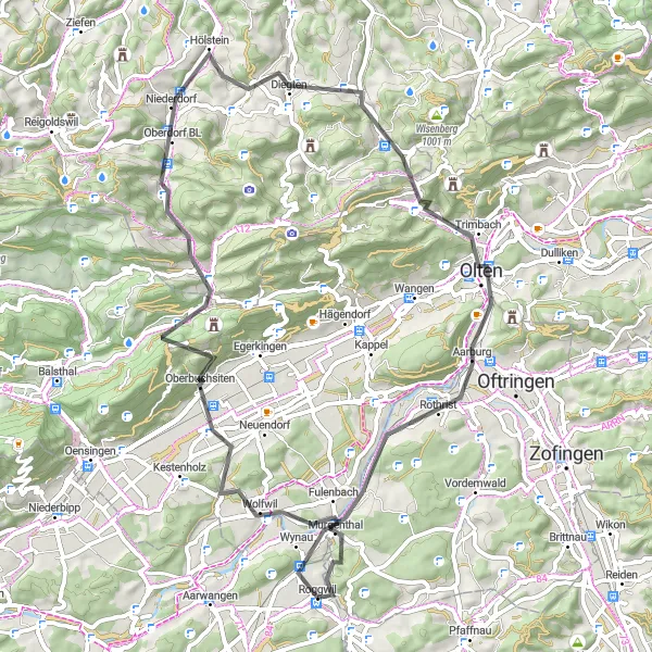 Miniaturní mapa "Silniční Trasa od Roggwilu" inspirace pro cyklisty v oblasti Espace Mittelland, Switzerland. Vytvořeno pomocí plánovače tras Tarmacs.app