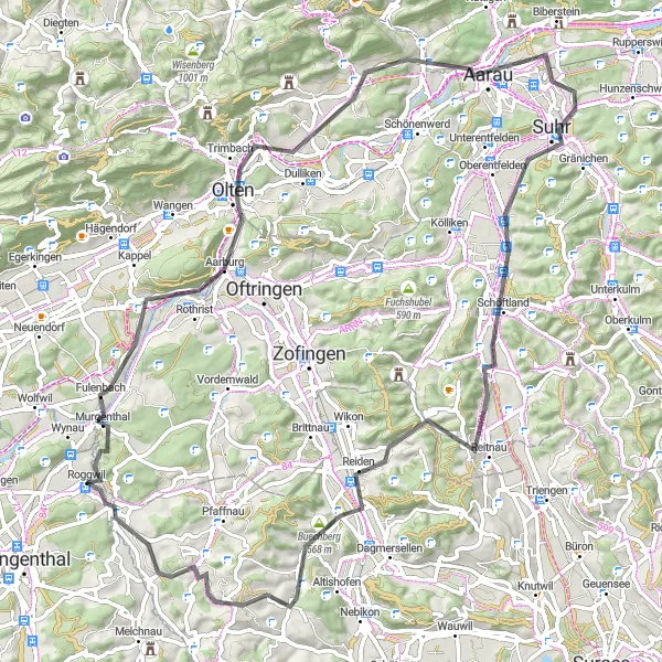 Miniaturekort af cykelinspirationen "Aarburg til Roggwil cykelrute" i Espace Mittelland, Switzerland. Genereret af Tarmacs.app cykelruteplanlægger
