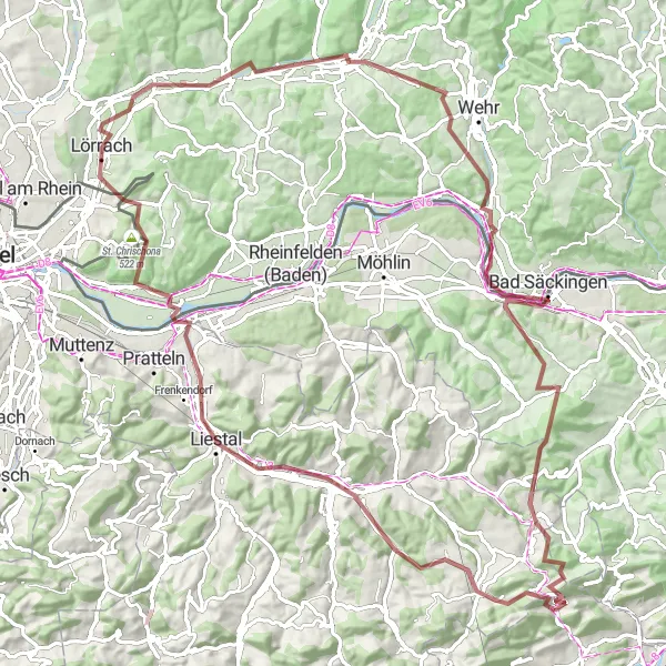 Miniatuurkaart van de fietsinspiratie "Avontuurlijke graveltocht langs Liestal, Schopfheim en Mumpf" in Espace Mittelland, Switzerland. Gemaakt door de Tarmacs.app fietsrouteplanner