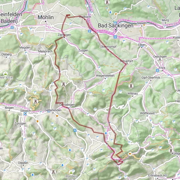 Miniatuurkaart van de fietsinspiratie "Gravelroute door Oltingen, Egg en Horn" in Espace Mittelland, Switzerland. Gemaakt door de Tarmacs.app fietsrouteplanner