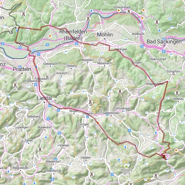 Miniature de la carte de l'inspiration cycliste "Boucle de Gravel via Liestal" dans la Espace Mittelland, Switzerland. Générée par le planificateur d'itinéraire cycliste Tarmacs.app