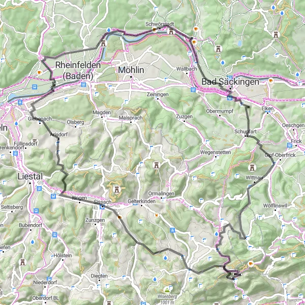 Zemljevid v pomanjšavi "Rohr - Kilchberg BL - Berg - Giebenach - Nettenberg - Humbel - Bad Säckingen - Reichberg - Anwil - Rohr" kolesarske inspiracije v Espace Mittelland, Switzerland. Generirano z načrtovalcem kolesarskih poti Tarmacs.app