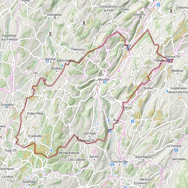 Miniatura della mappa di ispirazione al ciclismo "Tour in gravel attraverso Ecublens e Le Donjon du Bois des Brigands" nella regione di Espace Mittelland, Switzerland. Generata da Tarmacs.app, pianificatore di rotte ciclistiche