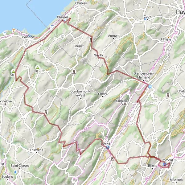 Miniaturní mapa "Gravelová výprava do Henniez z Romontu" inspirace pro cyklisty v oblasti Espace Mittelland, Switzerland. Vytvořeno pomocí plánovače tras Tarmacs.app