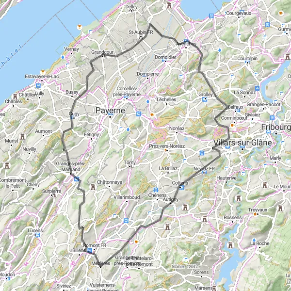 Miniatura della mappa di ispirazione al ciclismo "Giro on the road tra Cugy e Autigny" nella regione di Espace Mittelland, Switzerland. Generata da Tarmacs.app, pianificatore di rotte ciclistiche