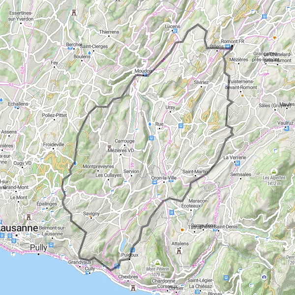 Miniatura della mappa di ispirazione al ciclismo "Percorso su Strada tra Saint-Martin e Dompierre" nella regione di Espace Mittelland, Switzerland. Generata da Tarmacs.app, pianificatore di rotte ciclistiche