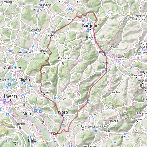 Map miniature of "Rubigen to Trimstein" cycling inspiration in Espace Mittelland, Switzerland. Generated by Tarmacs.app cycling route planner