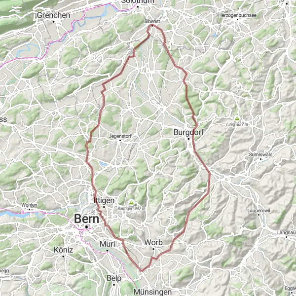 Miniatura della mappa di ispirazione al ciclismo "Percorso in bicicletta su sterrato da Rubigen a Burgdorf" nella regione di Espace Mittelland, Switzerland. Generata da Tarmacs.app, pianificatore di rotte ciclistiche