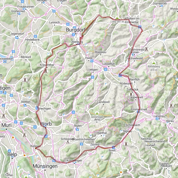 Map miniature of "Gravel Adventure in the Bernese Countryside" cycling inspiration in Espace Mittelland, Switzerland. Generated by Tarmacs.app cycling route planner