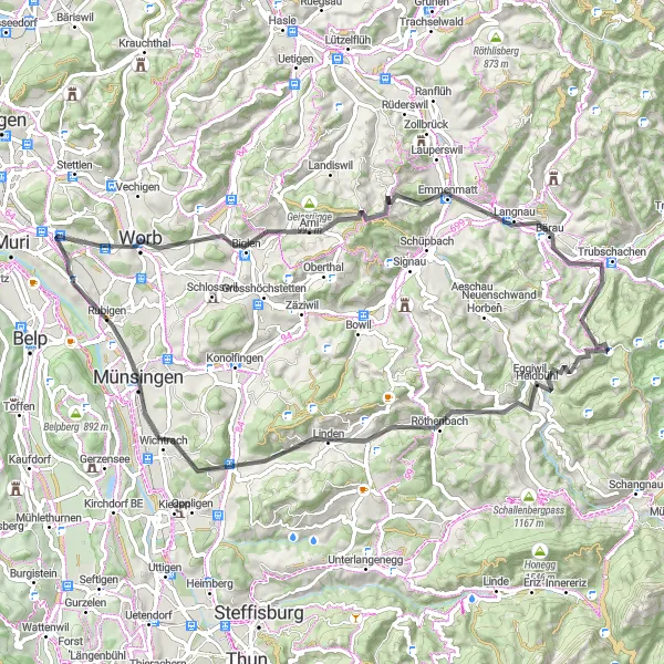Zemljevid v pomanjšavi "Pustolovščina skozi griče Espace Mittelland" kolesarske inspiracije v Espace Mittelland, Switzerland. Generirano z načrtovalcem kolesarskih poti Tarmacs.app