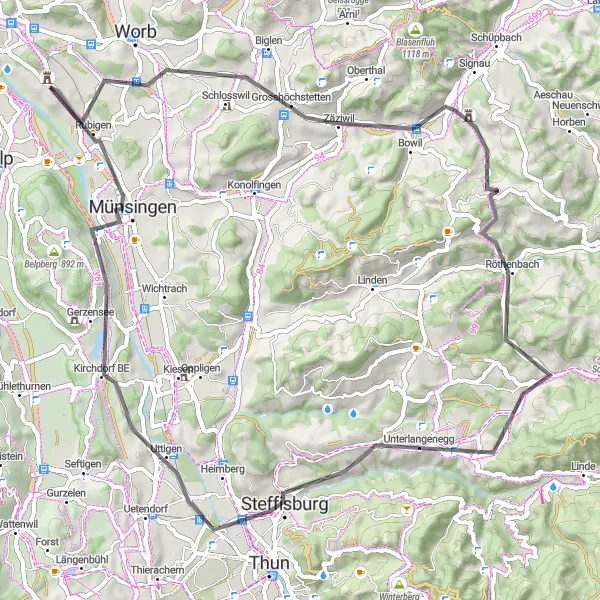 Kartminiatyr av "Opplev majestetiske fjell og pittoreske landsbyer på landeveisturen" sykkelinspirasjon i Espace Mittelland, Switzerland. Generert av Tarmacs.app sykkelrutoplanlegger