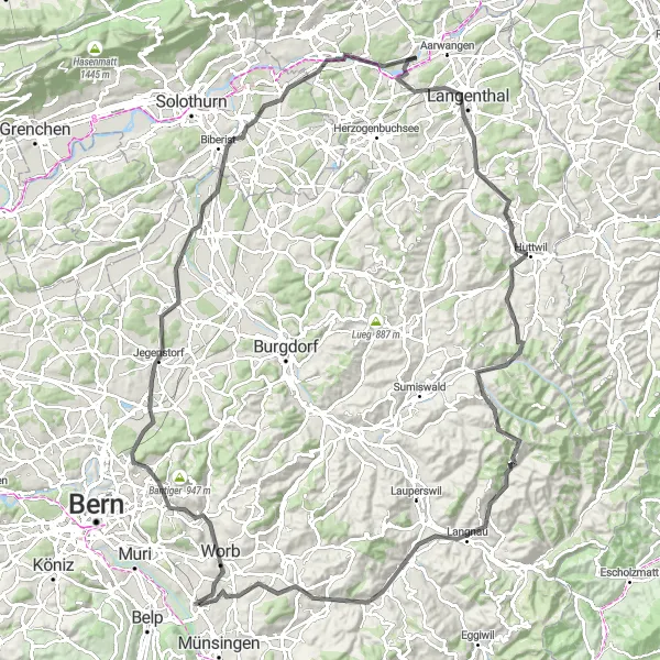 Miniaturní mapa "Od Ittigenu k Soldatendenkmalu" inspirace pro cyklisty v oblasti Espace Mittelland, Switzerland. Vytvořeno pomocí plánovače tras Tarmacs.app