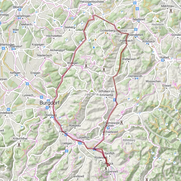 Karttaminiaatyyri "Soratiekierto Lützelflüh - Sumiswald" pyöräilyinspiraatiosta alueella Espace Mittelland, Switzerland. Luotu Tarmacs.app pyöräilyreittisuunnittelijalla