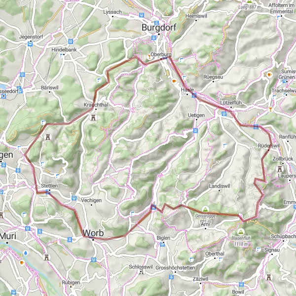 Kartminiatyr av "Grusvei fra Rüderswil til Rüderswil" sykkelinspirasjon i Espace Mittelland, Switzerland. Generert av Tarmacs.app sykkelrutoplanlegger