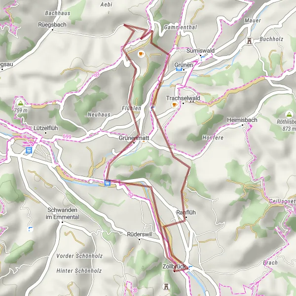 Miniatua del mapa de inspiración ciclista "Ruta de Grava en Rüderswil" en Espace Mittelland, Switzerland. Generado por Tarmacs.app planificador de rutas ciclistas