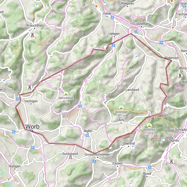 Zemljevid v pomanjšavi "Gravel kolesarska pot z vzponom in dolžino 42 km" kolesarske inspiracije v Espace Mittelland, Switzerland. Generirano z načrtovalcem kolesarskih poti Tarmacs.app