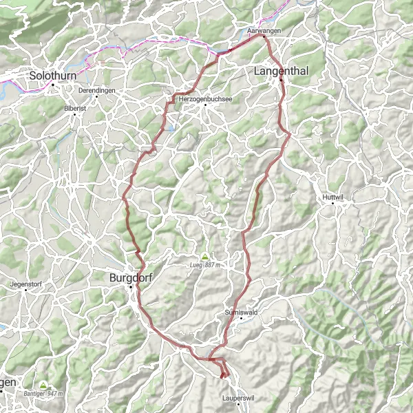 Miniatua del mapa de inspiración ciclista "Recorrido de Grava de 79 km desde Rüderswil" en Espace Mittelland, Switzerland. Generado por Tarmacs.app planificador de rutas ciclistas