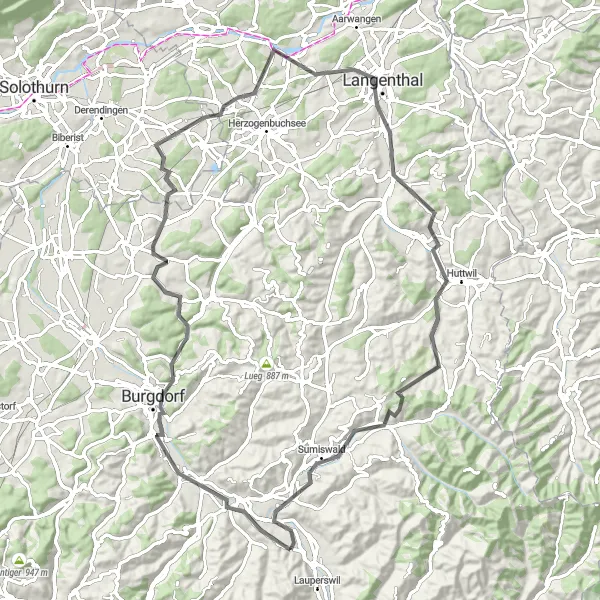 Miniaturní mapa "Road route Burgdorf - Wyssachen" inspirace pro cyklisty v oblasti Espace Mittelland, Switzerland. Vytvořeno pomocí plánovače tras Tarmacs.app
