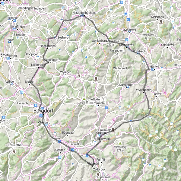 Miniatua del mapa de inspiración ciclista "Ruta en Carretera Burgdorf - Sumiswald" en Espace Mittelland, Switzerland. Generado por Tarmacs.app planificador de rutas ciclistas