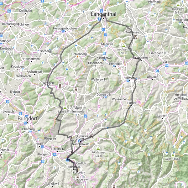 Miniatua del mapa de inspiración ciclista "Ruta en Carretera Rüderswil - Trachselwald" en Espace Mittelland, Switzerland. Generado por Tarmacs.app planificador de rutas ciclistas
