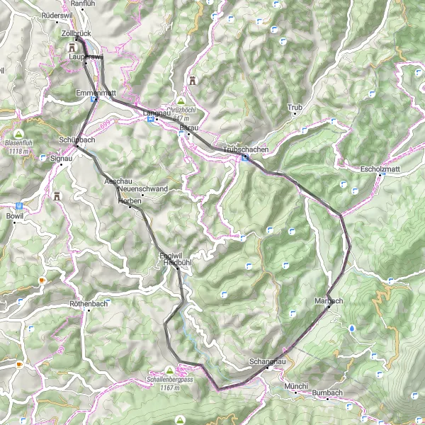 Miniaturní mapa "Road route Langnau - Lauperswil" inspirace pro cyklisty v oblasti Espace Mittelland, Switzerland. Vytvořeno pomocí plánovače tras Tarmacs.app