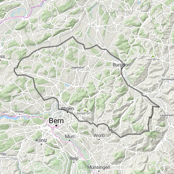 Karttaminiaatyyri "Rüderswil - Lützelflüh - Rüderswil" pyöräilyinspiraatiosta alueella Espace Mittelland, Switzerland. Luotu Tarmacs.app pyöräilyreittisuunnittelijalla