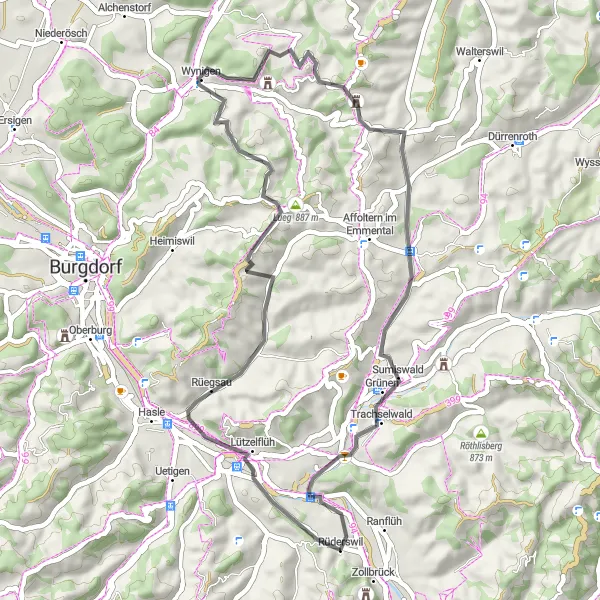 Kartminiatyr av "Variert landeveistur med start fra Rüderswil" sykkelinspirasjon i Espace Mittelland, Switzerland. Generert av Tarmacs.app sykkelrutoplanlegger