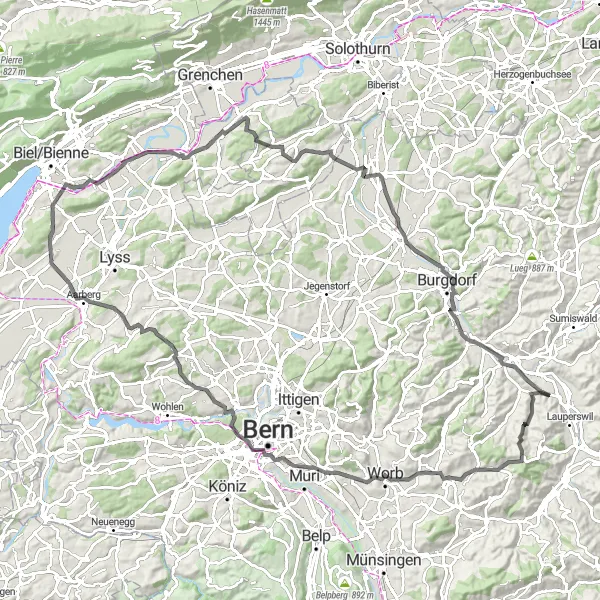Miniatua del mapa de inspiración ciclista "Viaje en Bicicleta de 113 km desde Rüderswil" en Espace Mittelland, Switzerland. Generado por Tarmacs.app planificador de rutas ciclistas