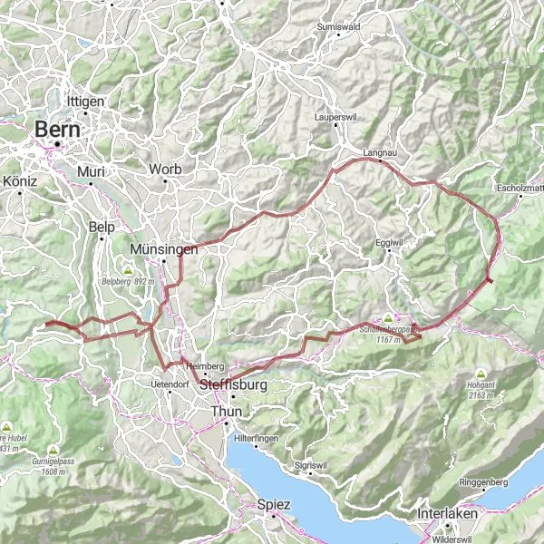 Zemljevid v pomanjšavi "Gravel kolesarska pot na prostem v Rüeggisberg" kolesarske inspiracije v Espace Mittelland, Switzerland. Generirano z načrtovalcem kolesarskih poti Tarmacs.app