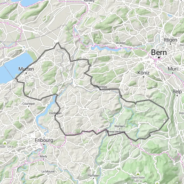 Karttaminiaatyyri "Rüeggisberg - Egg - Kerzers Road Trip" pyöräilyinspiraatiosta alueella Espace Mittelland, Switzerland. Luotu Tarmacs.app pyöräilyreittisuunnittelijalla