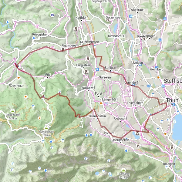 Mapa miniatúra "Gravelová trasa cez Thun" cyklistická inšpirácia v Espace Mittelland, Switzerland. Vygenerované cyklistickým plánovačom trás Tarmacs.app