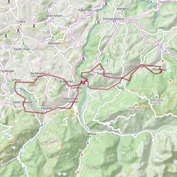 Map miniature of "Gravel Adventure in Rüschegg" cycling inspiration in Espace Mittelland, Switzerland. Generated by Tarmacs.app cycling route planner