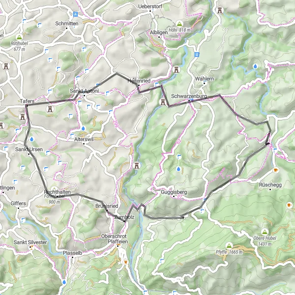 Miniature de la carte de l'inspiration cycliste "Boucle de Schwendelberg et Schwarzenburg" dans la Espace Mittelland, Switzerland. Générée par le planificateur d'itinéraire cycliste Tarmacs.app