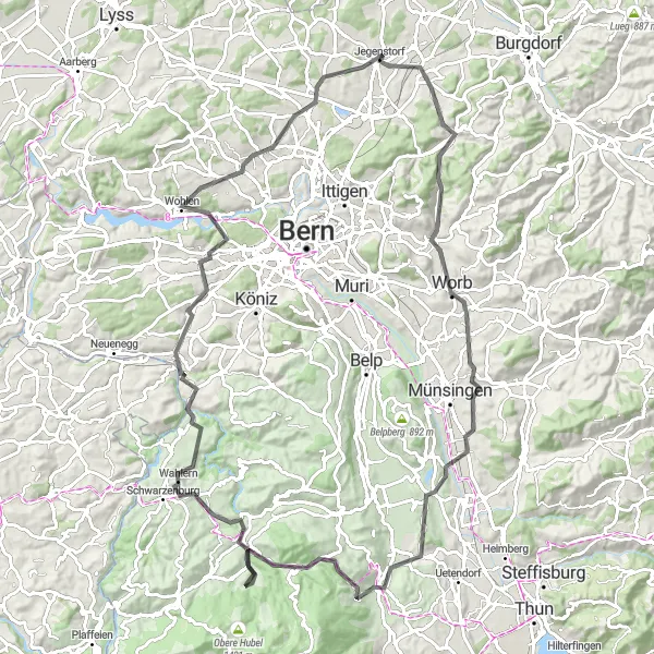 Map miniature of "Challenging Road Cycling Route with Stunning Views" cycling inspiration in Espace Mittelland, Switzerland. Generated by Tarmacs.app cycling route planner