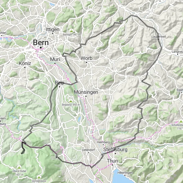 Miniatuurkaart van de fietsinspiratie "Uitdagende route van 113 km met 2371 m klimmen vanaf Rüschegg" in Espace Mittelland, Switzerland. Gemaakt door de Tarmacs.app fietsrouteplanner
