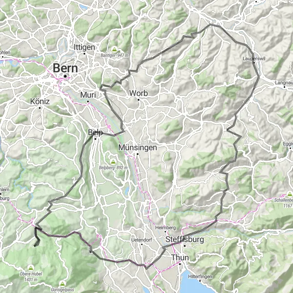 Map miniature of "Rüeggisberg Loop" cycling inspiration in Espace Mittelland, Switzerland. Generated by Tarmacs.app cycling route planner