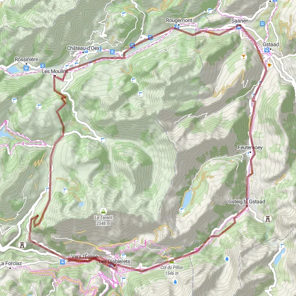 Map miniature of "Gstaad Saanenland Gravel Adventure" cycling inspiration in Espace Mittelland, Switzerland. Generated by Tarmacs.app cycling route planner