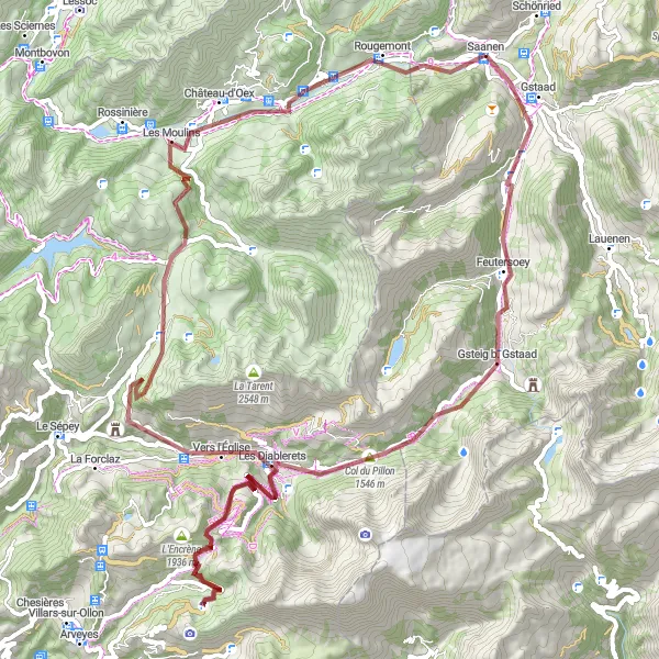 Miniatura della mappa di ispirazione al ciclismo "Avventura Gravel tra Gstaad e Rougemont" nella regione di Espace Mittelland, Switzerland. Generata da Tarmacs.app, pianificatore di rotte ciclistiche