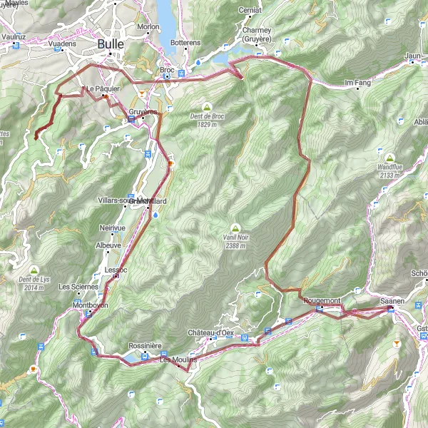 Miniatuurkaart van de fietsinspiratie "Avontuurlijke gravelrit van Saanen naar Gruyères" in Espace Mittelland, Switzerland. Gemaakt door de Tarmacs.app fietsrouteplanner