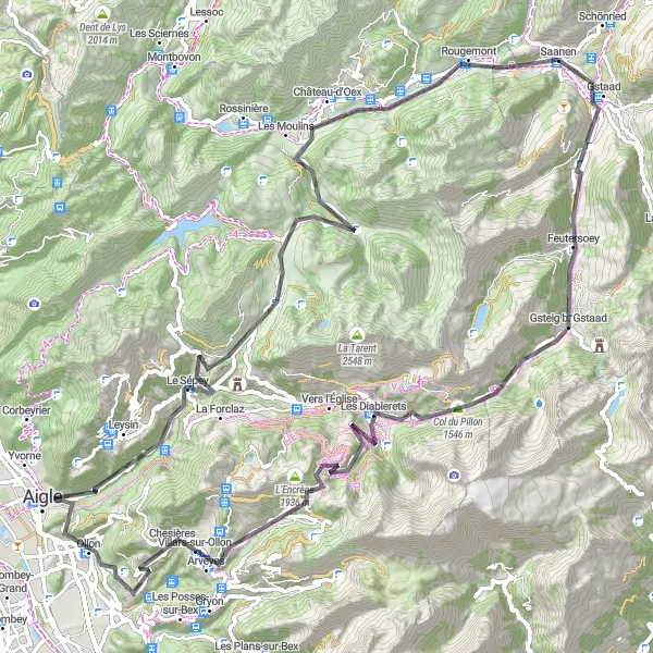 Kartminiatyr av "Rundtur til Les Diablerets" sykkelinspirasjon i Espace Mittelland, Switzerland. Generert av Tarmacs.app sykkelrutoplanlegger
