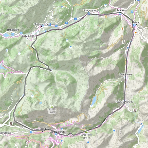 Miniatura della mappa di ispirazione al ciclismo "Gstaad e i Colli Svizzeri" nella regione di Espace Mittelland, Switzerland. Generata da Tarmacs.app, pianificatore di rotte ciclistiche